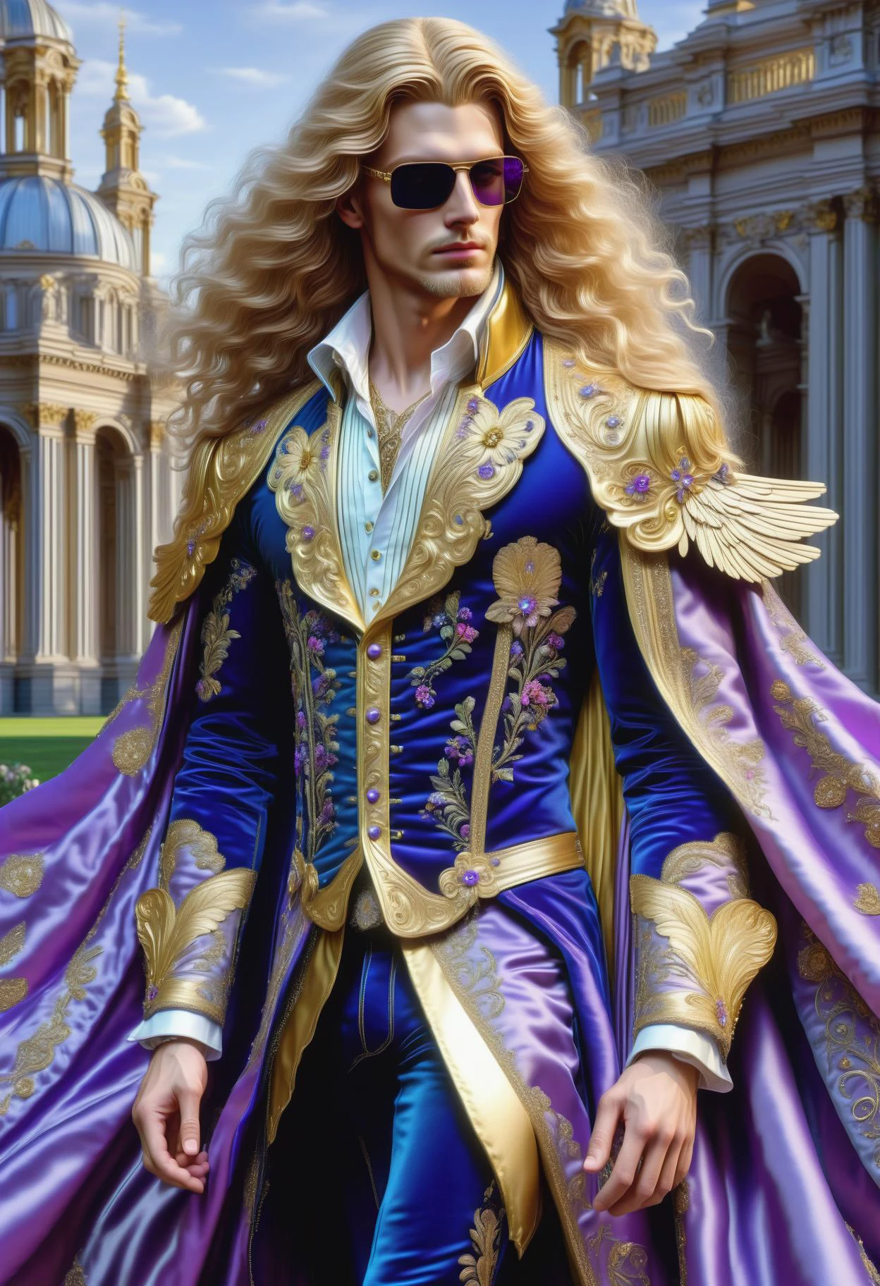 DonMM1yaXL man, baroque Mantua Coats, Windermere, __clothings/baroque/male/attire/collor-cleavage__, Gold Thread Embroidery, Velvet Breeches, Embellished Cane Handles, lilac, wings,DonM3t3rn1tyXL city park, slope, <lora:myLora\DonMM1y4XL-v1.1-000008:.8> <lora:released\DonM3t3rn1tyXL-v1.1-000008:.8> <lora:SDXL\DetailedEyes_V3> <lora:myLora\DonMDr4g0nXL-rb>