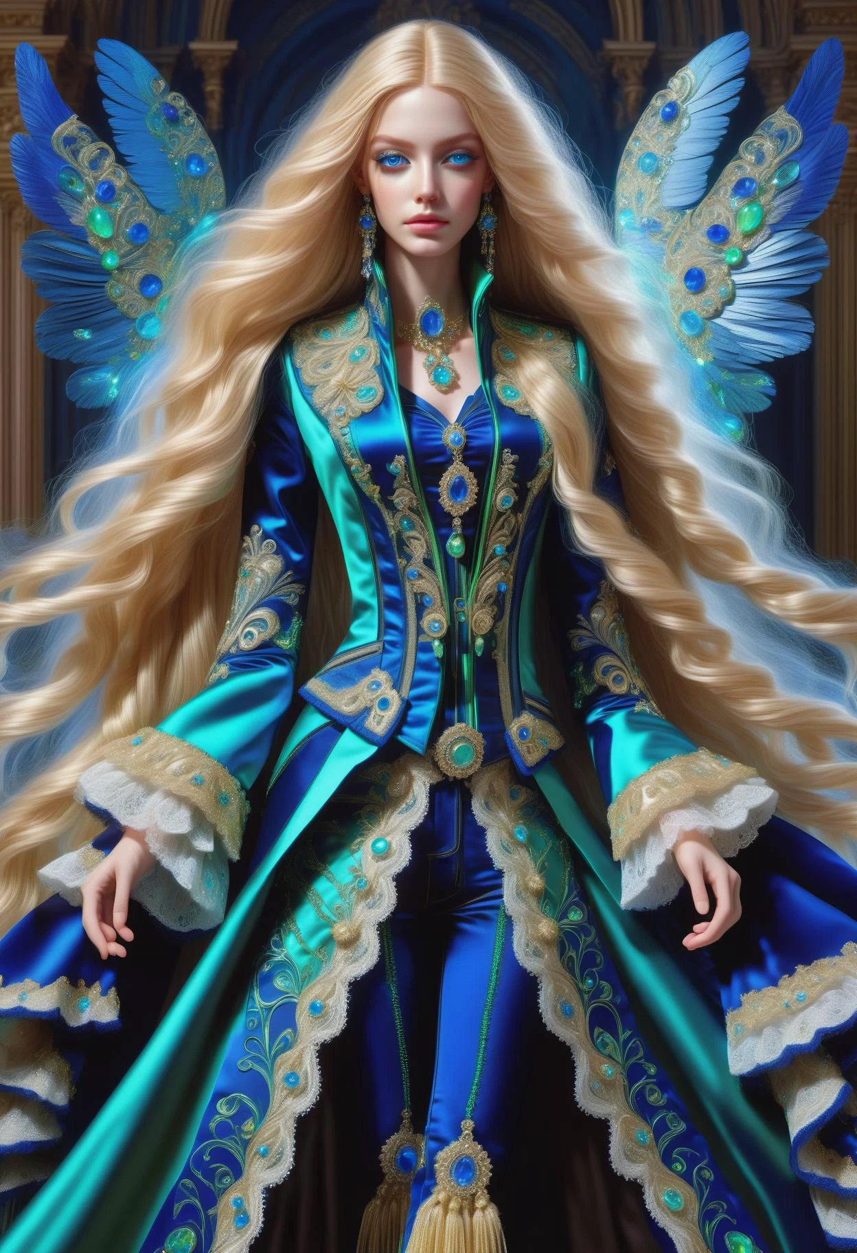 DonMM1yaXL woman, baroque Mantua Coats, Tassel and Fringe Embellishments, __clothings/baroque/male/attire/collor-cleavage__, Jeweled Buttons, Metallic Threadwork on Breeches, Filigree Buckles, cobalt blue green shade, wings,DonM3t3rn1tyXL ocean, solar eclipse, <lora:myLora\DonMM1y4XL-v1.1-000008:.8> <lora:released\DonM3t3rn1tyXL-v1.1-000008:.8> <lora:SDXL\DetailedEyes_V3> <lora:myLora\DonMDr4g0nXL-rb>