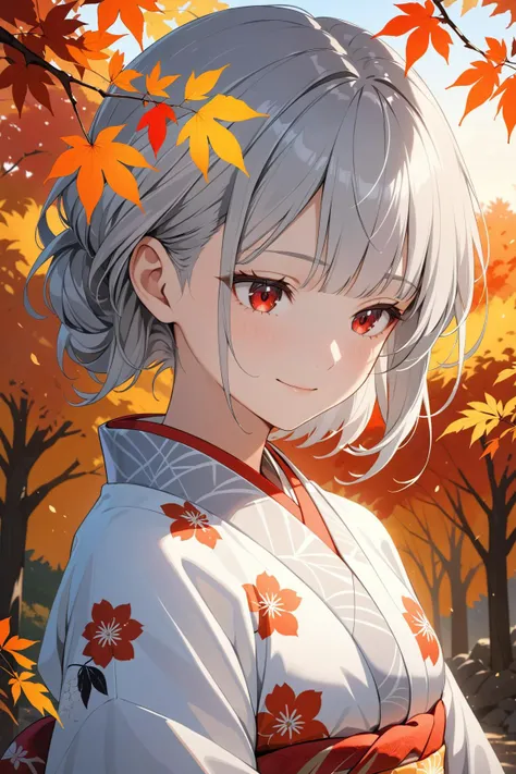 portrait of a girl, high detail, 1girl, grey hair, red eyes, looking down, soft smile, hard lighting, wearing kimono, nature in fall background