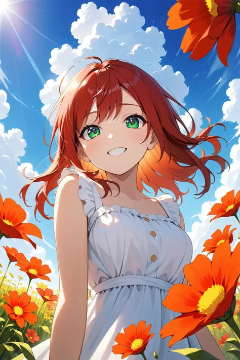 tele angle, from below, close up picture, 1girl, red hair, in a field of flowers, happy, green eyes, clouds, hard lighting, summer dress,  <lora:omeme_momo4:1>