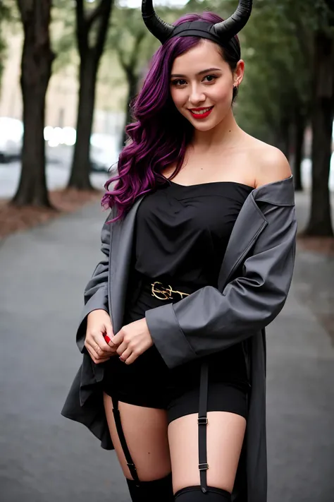 polaroid photo, RAW photo, closeup face photo of 23 y.o beautiful woman, beautiful face, happy face, hard shadows, cinematic shot, dramatic lighting, bokeh, motion blur,
<lora:Typhon_Arknights_V2:0.9>, typhon, dragon horns, dragon tail, very long hair, purple hair, red eyes, hairband,
black shirt, black shorts, garter straps, grey coat, off shoulder, open coat, (asymmetrical legwear, single thighhigh:1.2), thigh strap