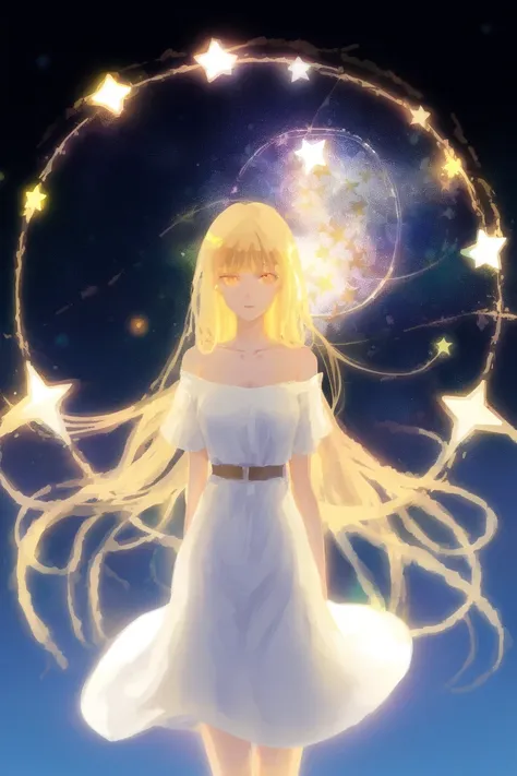 woman, long blonde hair,white dress, constellations glowing stars, A digital illustration,  surrounded by constellations and glowing stars, defraction spikes, chromatic aberration,