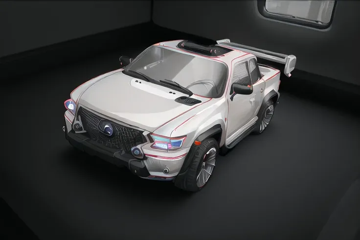 hyperrealistic simplistic detailed, futuristic lexus luxury truck, extended bed, 4 door, low-to-the-ground, low-height, white and black,with 4 inch thick rollbars, wide ribbed all-terrain wheels, metal tubing, smooth rounded body style, rounded corners, flowing clean lines, wraparound custom windshield, one-piece windshield, 4 inch tubular front bumper, recessed front grill, honeycomb steel mesh front grill, inset grill area, recessed grill area, fat-body-type, one-piece geometric headlights, luminescent front panel, glossy paint and racing decals, 360 glass cabin, one big window all the way around, regal, luxury, in a showroom background. <lora:morphyRichardsHomeAppliances:1>