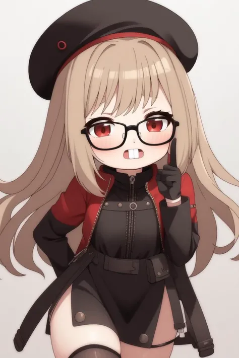 (masterpiece:1.2, best quality:1.2), 1girl, solo, <lora:Nerd-t3:0.75> glasses, index finger raised, upper teeth, <lora:rapi-nikke-richy-v1:1> rapi \(nikke\), rapidef, hat, red eyes, beige hair, long hair, skirt, side slit, tight highs, chibi,