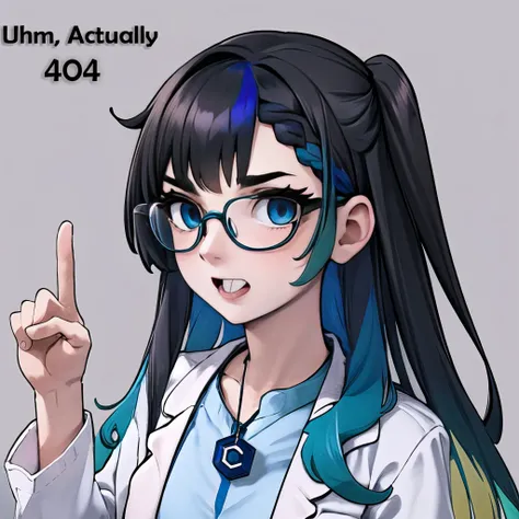 (high quality, high resolution:1.3), 4k, masterpiece, (simple background, grey background:1.2),
BREAK
1girl, solo, <lora:gijinkaseries_civitai:0.95>, <lora:Nerd-t3:0.8>, open mouth,(upper teeth:1.1), upper body, civitai-chan, multicolored hair, black hair, blue hair, braided bangs, labcoat, shirt, single vertical stripe, necklace, belt, glasses, pointing, index finger raised, <lora:NoiseOffset_v2:1.0><lora:NoiseOffset_v2:1.0>
