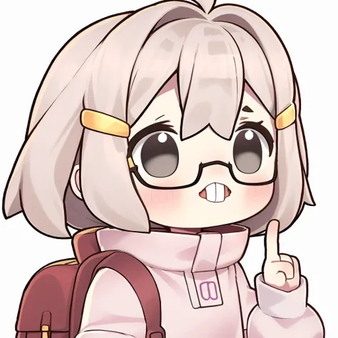 (best quality, masterpiece),
GamsterVT,1girl, white hair,solo,looking at viewer,chibi,female child, sidelocks
hairclip,
BREAK
hair ornament, hairclip,
hair ribbon, black ribbon,
white jacket, hood, hoodie , high collar, sweater, white hoodie
long sleeves, sleeves past wrists, puffy long sleeves,puffy sleeves, layered sleeves
bag,backpack, zipper pull tab, shoulder bag
,blush stickers
glasses,index finger raised,upper teeth,
(simple background,white background:1.3) <lora:Gamster_Gaming:0.7> <lora:Nerd-t3:0.9>