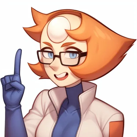 <lora:Pearl_char:1.0>,  (masterpiece, best quality:0.8), 1girl pearl_char wearing white  science suit orange hair, pointy nose,  blue eyes,  <lora:UhmActually:0.5> (glasses:1.1), index (finger:0.8) raised, upper teeth, <lora:COOLKIDS_MERGE_V2.5:0.25> , white background <lora:add_detail:0.8>