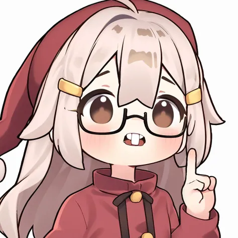 GamsterVT,1girl, white hair,solo,looking at viewer,chibi,female child, sidelocks
hairclip,
BREAK
(santa hat, santa dress:1.2),blush stickers,christmas,
glasses,index finger raised,upper teeth,
(simple background,white background:1.3) <lora:Gamster_Gaming:0.7>  <lora:Nerd-t3:0.9>