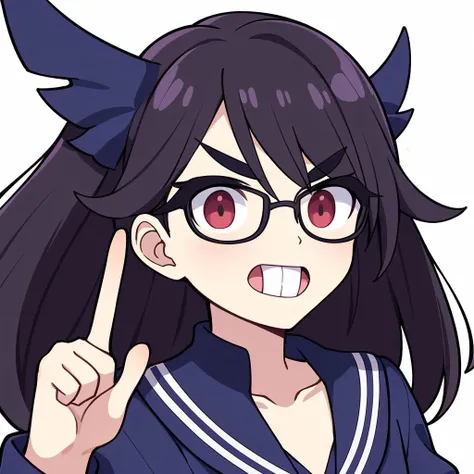 kamado nezuko, bit gag, gagged, black kimono,pink eyes,chibi,glasses,index finger raised,white background,  <lora:Character_kamado_nezuko_offset:0.7>  <lora:Nerd-t3:0.8>