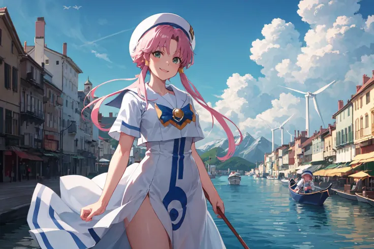 <lora:aka2:0.8> mizunashi_akari, sailor collar, white dress, hat, standing, white paddle, gondola, mountain, wind turbine, cloudy sky, smile, (from side:0.8), cowboy shot, (looking at viewer:0.9), masterpiece, best quality, highres, <lora:GoodHands-vanilla:1> nice hands, perfect hands