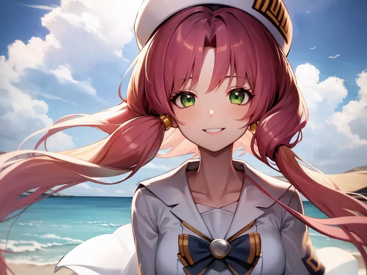 masterpiece, best quality, 1girl, solo, <lora:aka2-3:1>mizunashi_akari,sailor collar, white_dress,hat,beautiful background,smil face