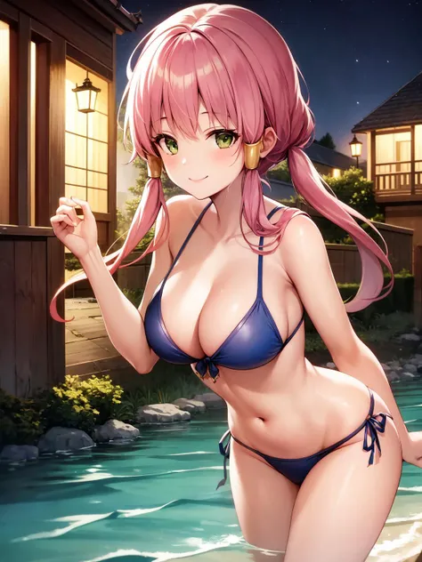 masterpiece, best quality, 1girl, solo, <lora:aka2-3:1>mizunashi_akari,beautiful background,smile, closed mouth, night,bikini,water,