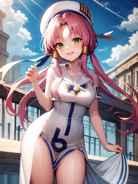 masterpiece, best quality, 1girl, solo, <lora:aka2-3:1>mizunashi_akari,sailor collar, white_dress,hat,smile face,
