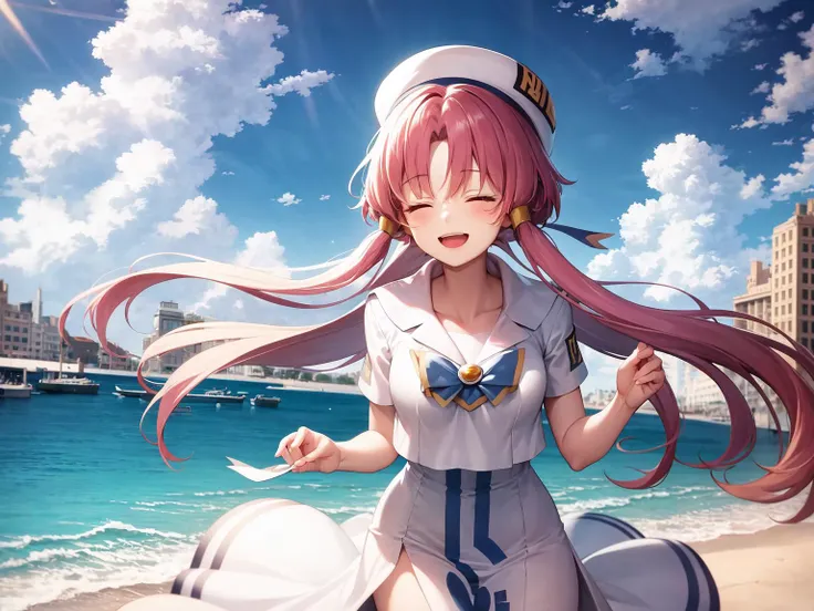 masterpiece, best quality, 1girl, solo, <lora:aka2-3:1>mizunashi_akari,sailor collar, white_dress,hat,beautiful background,smil face,city, water,blue sky,closed eyes, open mouth,