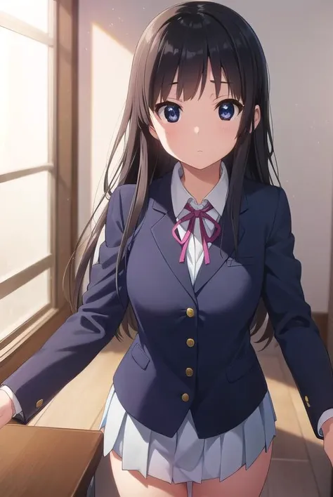 mioakiyama, <lora:mio akiyama s2-lora-nochekaiser:1>,
mio akiyama, long hair, bangs, black hair, (black eyes:1.3), hime cut,
BREAK sakuragaoka high school uniform, school uniform, uniform, blazer, shirt, white shirt, collared shirt, skirt, pleated skirt,
BREAK indoors, classroom,
BREAK looking at viewer, (cowboy shot:1.5),
BREAK <lyco:GoodHands-beta2:1>, (masterpiece:1.2), best quality, high resolution, unity 8k wallpaper, (illustration:0.8), (beautiful detailed eyes:1.6), extremely detailed face, perfect lighting, extremely detailed CG, (perfect hands, perfect anatomy),