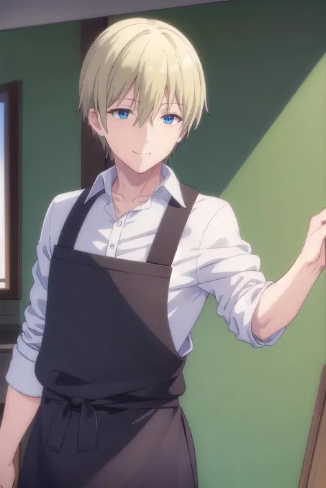 blendsdino, <lora:blends dino s1-lora-nochekaiser:1>,
dino, short hair, blonde hair, hair between eyes, blue eyes, male focus, smile,
BREAK shirt, white shirt, collared shirt, pants, apron, brown footwear, black pants, waist apron, black apron,
BREAK indoors, restaurant,
BREAK looking at viewer, (cowboy shot:1.5),
BREAK <lyco:GoodHands-beta2:1>, (masterpiece:1.2), best quality, high resolution, unity 8k wallpaper, (illustration:0.8), (beautiful detailed eyes:1.6), extremely detailed face, perfect lighting, extremely detailed CG, (perfect hands, perfect anatomy),