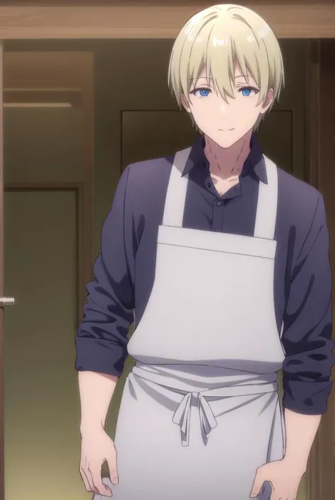 blendsdino, <lora:blends dino s1-lora-nochekaiser:1>,
dino, short hair, blonde hair, hair between eyes, blue eyes, male focus, smile,
BREAK shirt, white shirt, collared shirt, pants, apron, brown footwear, black pants, waist apron, black apron,
BREAK indoors, restaurant,
BREAK looking at viewer, (cowboy shot:1.5),
BREAK <lyco:GoodHands-beta2:1>, (masterpiece:1.2), best quality, high resolution, unity 8k wallpaper, (illustration:0.8), (beautiful detailed eyes:1.6), extremely detailed face, perfect lighting, extremely detailed CG, (perfect hands, perfect anatomy),