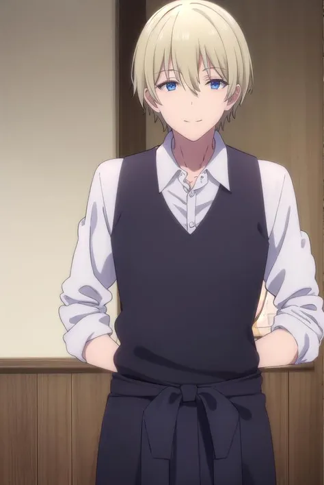 blendsdino, <lora:blends dino s1-lora-nochekaiser:1>,
dino, short hair, blonde hair, hair between eyes, blue eyes, male focus, smile,
BREAK shirt, white shirt, collared shirt, pants, apron, brown footwear, black pants, waist apron, black apron,
BREAK indoors, restaurant,
BREAK looking at viewer, (cowboy shot:1.5),
BREAK <lyco:GoodHands-beta2:1>, (masterpiece:1.2), best quality, high resolution, unity 8k wallpaper, (illustration:0.8), (beautiful detailed eyes:1.6), extremely detailed face, perfect lighting, extremely detailed CG, (perfect hands, perfect anatomy),
