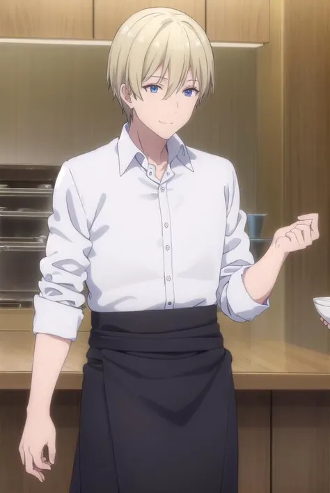 blendsdino, <lora:blends dino s1-lora-nochekaiser:1>,
dino, short hair, blonde hair, hair between eyes, blue eyes, male focus, smile,
BREAK shirt, white shirt, collared shirt, pants, apron, brown footwear, black pants, waist apron, black apron,
BREAK indoors, restaurant,
BREAK looking at viewer, (cowboy shot:1.5),
BREAK <lyco:GoodHands-beta2:1>, (masterpiece:1.2), best quality, high resolution, unity 8k wallpaper, (illustration:0.8), (beautiful detailed eyes:1.6), extremely detailed face, perfect lighting, extremely detailed CG, (perfect hands, perfect anatomy),