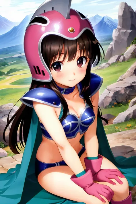 scan, (extremely detailed CG unity 8k wallpaper:1.1), (traditional media:0.9), (sketch:0.9), tracing, ultra-detailed, soft lighting, anime, 1girl, <lora:Chi-Chi:1>, Chi-Chi, black hair, black eyes, bikini armor, aqua cape, pink helmet, pink gloves, pink boots, (blue collar), smile, blush, cave, rock, mountain, close up, sitting, knees together feet apart