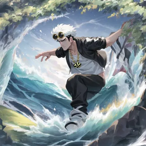 guzma, solo, 1boy, muscular male, , black jacket, action pose