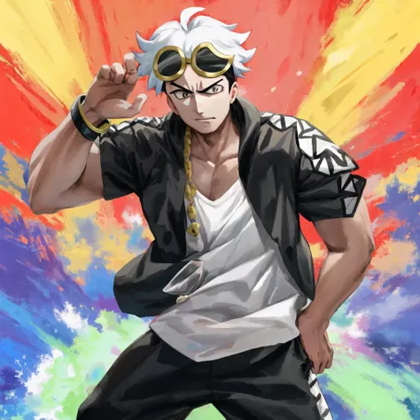 guzma, solo, 1boy, muscular male, , black jacket, action pose