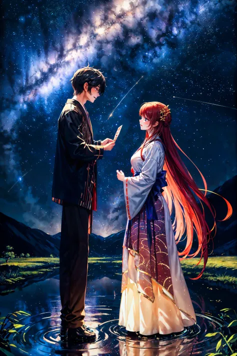 A (couple:1.1) is (standing on:1.1) a river of shining stars like the (Milky Way:1.3). The girl is (Orihime:1.2). The boy is (Hikoboshi:1.2). The stars (sparkles:1.1). A bamboo grass leaf is decorated with strip of papers., tanabata, absurdres, hyper detailed, highres, reflection, water effects, ripple effects, summer, romantic, sense of warmth and love <lora:flat2:-0.6>