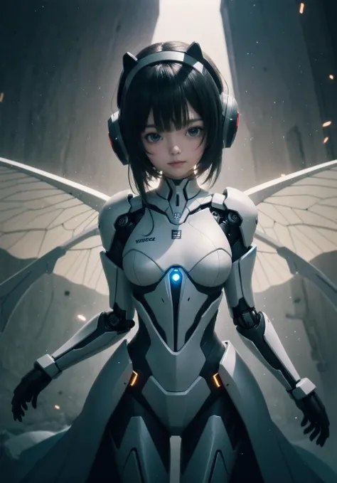 (masterpiece , best_quality ) ,  girl robot with cool looking wings , carefully drawn , round lines , soft detailed, hyper,white body,dungeon,white , facing front , insect feather , Copic Pairing, high quality ,  (particles of light drift in the darkness)  , titanium alloys fuse together deep  Cinematic shots + dynamic composition, incredibly detailed, sharp, professional lighting, film lighting + 35mm + anamorphic , snapshot ,
