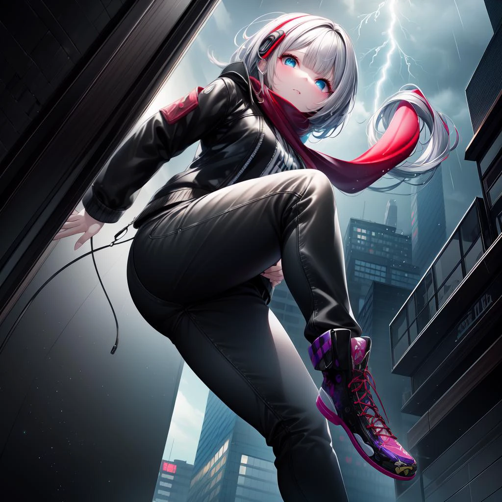(masterpiece, top quality,best quality:1.2, official art, key visual, dojin, ultra-highres, beautiful and aesthetic:1.2, super detail, extremely detailed, extreme detailed, colorful, insanely detailed, highest detailed, ((ultra-detailed)), absurdres, HDR, intricate detail, ((an extremely delicate and beautiful)),
(finely best quality illustration),
(8k photo quality), detailed background, perfect lighting),
(light particles, sparkle), (Ray Tracing, Illustrated, Reflected Light), (perfect-composition), (depth of field),
BREAK
(1girl:1.0, solo1.0, cute:1.3, innocent :1.5, very little fehild:1.5, kawarl:1.0),
ultra cute, ultra beautiful,
ultimate detailed baby face, perfect symmetrical baby face, ultra cutttle girl, ultra cute ace,
BREAK
(finely detaibeautiful eyes: 1.0, beautiful sensuous eyes, ultra detailed eyes, glowing eyes), perfect eyes,
BREAK
skindentation, lustrous skin, super detailed skin, ultimate shiny skin, textured skin, gleaming skin, glistening skin,
BREAK
shiny hair, ultra detailed hair,
BREAK
nice hands, perfect hands, perfect 5 fingers, perfect anatomy, beauty bone, anatomically correct, perfect limb,
BREAK
(short body:1.0, short torso:1.0, hanging breasts),
BREAK
(wearing cyberpunk ninja costume, down jacket, long sleeves shirt, long pants, scarf, boots,)
BREAK
(parkour, dynamic pose,),
BREAK
(outdoors, extremely thunderstorm:1.5, extremely storm:1.5, extremely thunder:1.5, extremely lightning, dark thunder clouds, cyberpunk, cityscape, tokyo (city), rooftop, on roof,),
(fullbody, from below),