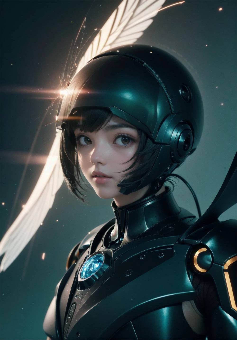 (masterpiece , best_quality ) , girl robot with cool looking wings , carefully drawn , round lines , soft detailed , hyper, black body , dungeon , black , facing front , insect feather , Copic Pairing, high quality , (particles of light drift in the darkness) , titanium alloys fuse together deep Cinematic shots + dynamic composition, incredibly detailed, sharp, professional lighting, film lighting + 35mm + anamorphic , snapshot , zoom up ,