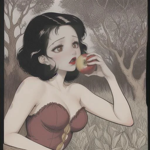 pinup of Snow White eating an apple, dark hair, white skin, brown eyes, dark red lips, alberto vargas; style . 18th century German dress, outside in nature, forest in junji_ito style, horror;
<lora:Alberto_Vargas_Pinup_Style-000011:.5> <lora:junji_ito:1>