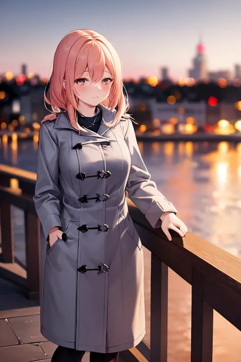 middle-aged english woman standing on a bridge looking over the edge. dawn, autumnal. volumetric light. cold, overcoat. (photographed at 35mm, f/1.8, ISO400. bokeh, shallow depth of field.)
