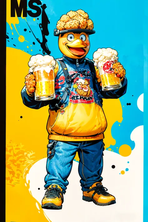 absurdres, ultra detailed, highres, anthropomorphic (Beer:1.2), anthropomorphic (Fried Chicken:1.1), Beer character, Fried Chicken character, style of pop art with bold colors, strong contrasts, references to popular culture