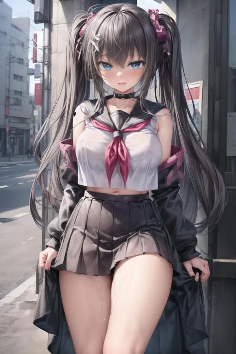 (masterpiece, top quality, best quality, official art, beautiful and aesthetic:1.2), (1girl:1.3), extreme detailed, colorful, highest detailed ((ultra-detailed)), (highly detailed CG illustration), ((an extremely delicate and beautiful)), solo, outdoors, sibuya/(tokyo/), standing, black hair, long twintails, blue eyes, large breasts, (serafuku:1.5), spread legs,<lora:flat2:-1>