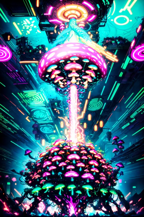 Neonpunkai, (kawaii mushroom:1.1), The mushrooms (glow:1.3) in (neon:1.2) colors. The fantastic multicolored mushrooms create a mysterious atmosphere., absurdres, hyper detailed, highres, (neon lighting:1.2), vibrant glow, dynamic colors, striking contrast, futuristic vibe, electric energy, reflective surfaces, otherworldly hues, surreal landscapes, unseen light, ethereal glow, dynamic angle, psychedelic art, cute <lora:flat2:-0.6> <lora:Neonpunkai-8:0.7>