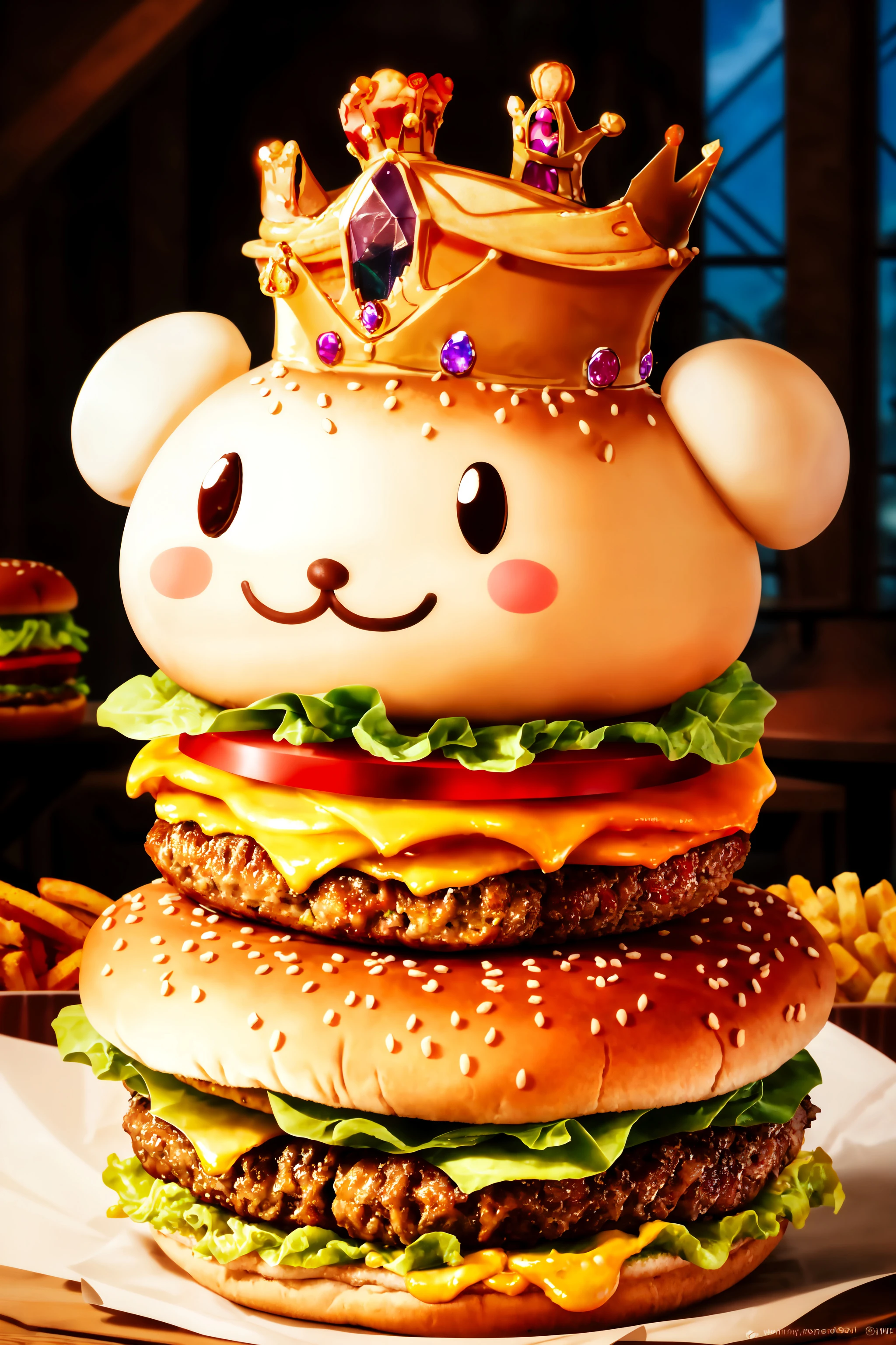 A (mascot character:1.3) of a hamburger wearing a (crown:1.1) is the king of burger. The burger has a smiling face with eyes, nose, and mouth. The crown is golden and has jewels on it., absurdres, ultra detailed, highres, personified hamburger character, (anthropomorphic:1.3) (burger:1.1), burger character, fast food uniform, french fries background, in the castle hall