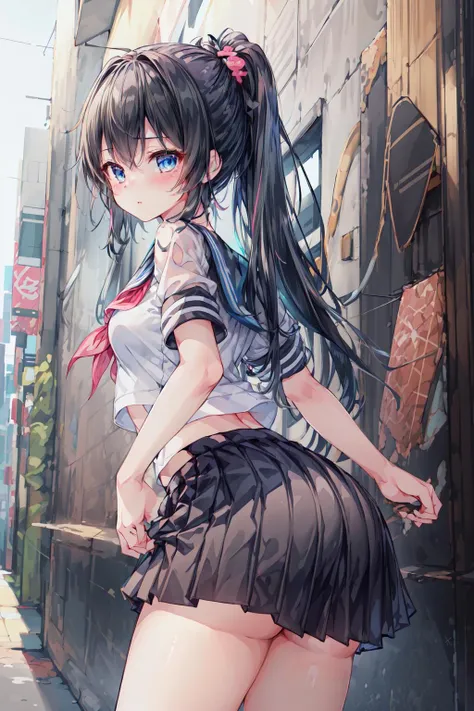 (masterpiece, top quality, best quality, official art, beautiful and aesthetic:1.2), (1girl,cute,short:1.5), extreme detailed, colorful, highest detailed ((ultra-detailed)), (highly detailed CG illustration), ((an extremely delicate and beautiful)),(8k photo quality,ultimate shiny skin,detailed skin,ultimate detailed face), (1girl:1.3), extreme detailed, colorful, highest detailed ((ultra-detailed)), (highly detailed CG illustration), ((an extremely delicate and beautiful)), solo, outdoors, sibuya/(tokyo/), standing, black hair,very long ponytail, blue eyes, (serafuku, short sleeves:1.5), <lora:flat2:-1>