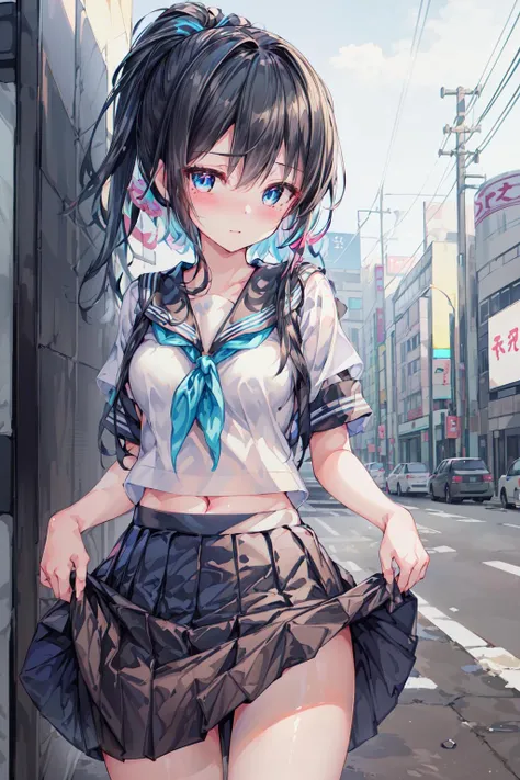 (masterpiece, top quality, best quality, official art, beautiful and aesthetic:1.2), (1girl,cute,short:1.5), extreme detailed, colorful, highest detailed ((ultra-detailed)), (highly detailed CG illustration), ((an extremely delicate and beautiful)),(8k photo quality,ultimate shiny skin,detailed skin,ultimate detailed face), (1girl:1.3), extreme detailed, colorful, highest detailed ((ultra-detailed)), (highly detailed CG illustration), ((an extremely delicate and beautiful)), solo, outdoors, sibuya/(tokyo/), standing, black hair,very long ponytail, blue eyes, (serafuku, short sleeves, skirt lift:1.5), <lora:flat2:-1>