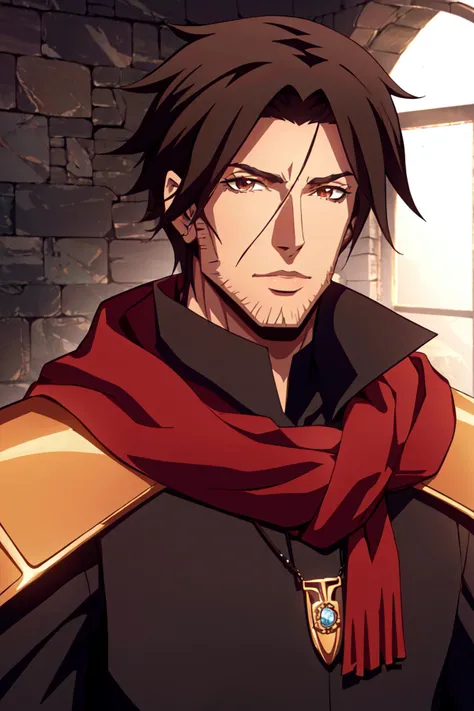 castlevania style, indoors, laboratory, detailed background,
1boy, handsome, male focus, solo, portrait, upper body, beard, brown hair, brown eyes, red scarf, leather armor, pendant, jewelry, black stone,
, ((masterpiece))
<lora:castlevania_style_offset:1>