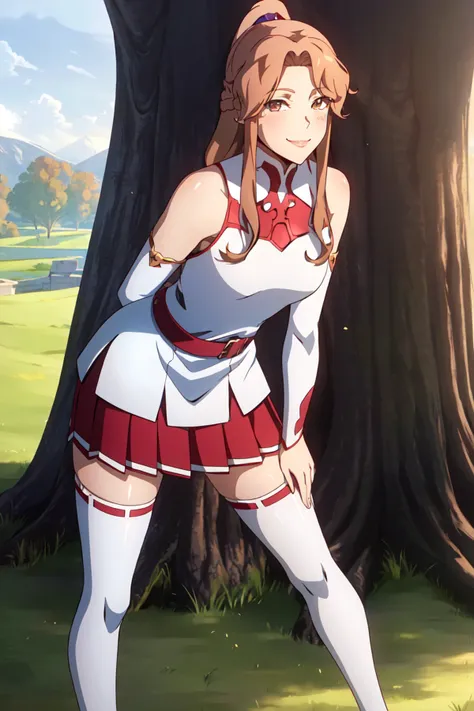 castlevania style, asuna \(sao\), outdoors, trees, grass, river,
1girl, armor, arms behind back, asymmetrical bangs, bangs, bare shoulders, belt, braid, breastplate, breasts, brown eyes, brown hair, closed mouth, detached sleeves, dress, fantasy, feet out of frame, leaning forward, light blush, long hair, long sleeves, looking at viewer, miniskirt, pleated skirt, red skirt, short ponytail, signature, skirt, sleeveless, sleeveless dress, smile, solo, thighhighs, thighs,very long hair, white armor, white belt, white dress, white sleeves, white thighhighs,
, ((masterpiece))
<lora:castlevania_style_offset:1>
