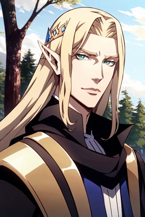 castlevania style, outdoors, woods, trees,
solo, 1boy, male focus, blonde hair, long hair, green eyes, pointy ears, circlet, elf, upper body, looking at viewer, manly, tiara, closed mouth, blue robes, portrait
, ((masterpiece))
<lora:castlevania_style_offset:1>