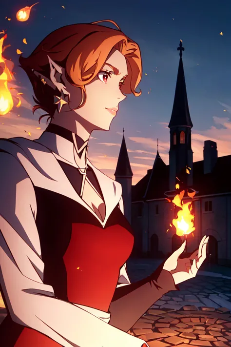 castlevania style, outdoors, castle far away,
1girl, fire, red hair, pointy ears, red eyes, short hair, bob haircut, solo, breasts, choker, cleavage, pyrokinesis, magic, fireball, fire magic, long hair, dress, jewelry, medium breasts, long sleeves, elf, wide sleeves, lips, earrings, looking to the side, looking away, closed mouth, embers, flame, upper body
, ((masterpiece))
<lora:castlevania_style_offset:1>