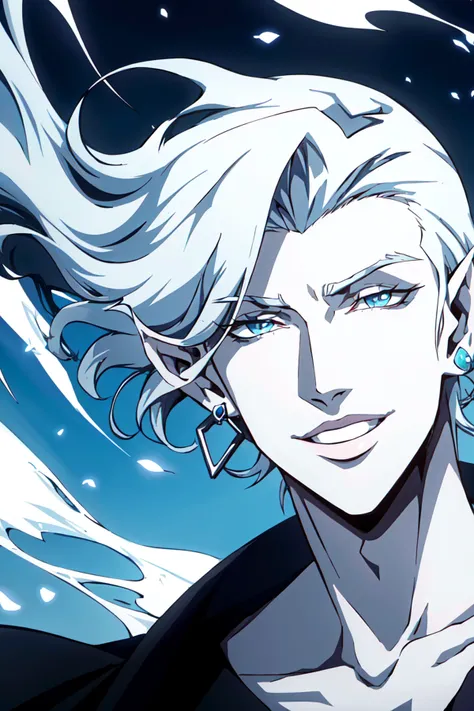 castlevania style, outdoors, medieval town,
1boy, solo, male focus, blue skin, colored skin, pointy ears, white hair, grey hair, aqua hair, jewelry, earrings, black robes, mischievous smile, short hair, ((floating hair)), portrait, glowing hair,
, ((masterpiece))
<lora:castlevania_style_offset:1>