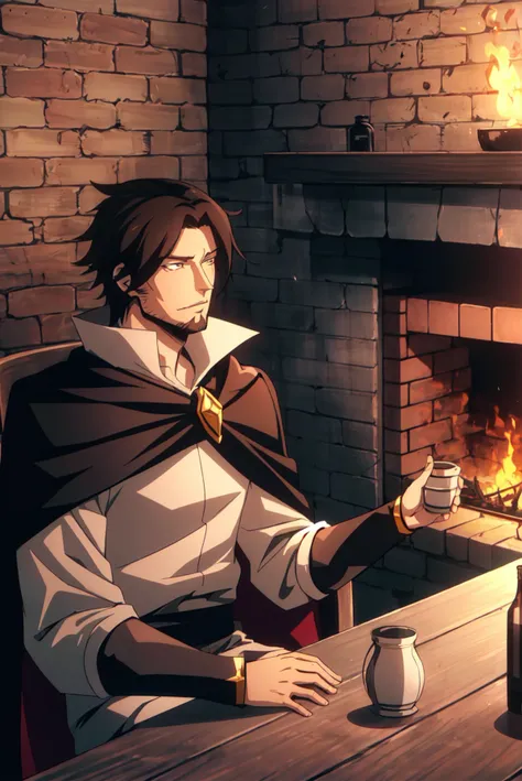 castlevania style, male focus, multiple boys, facial hair, cape, brown hair, indoors, 2boys, fireplace, cup, brick wall, bottle, fire, sitting, solo focus, bangs, long sleeves, holding, 1boy, parted bangs, beard
, ((masterpiece))
<lora:castlevania_style_offset:1>