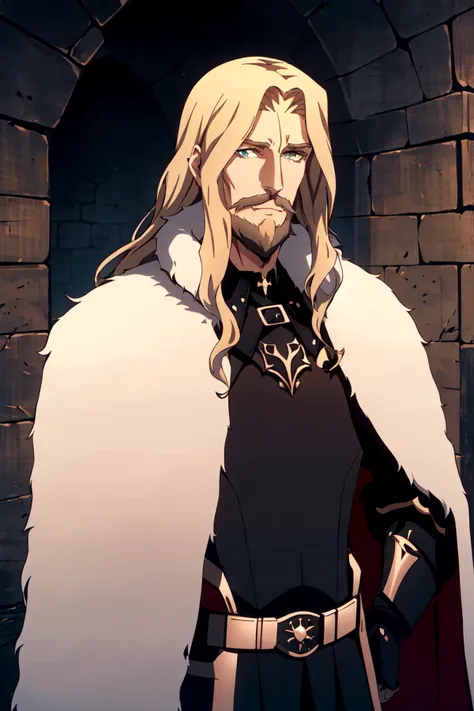 castlevania style, (very detailed background:1.5), indoors, cave,
1boy, armor, bangs, black armor, black coat, blonde hair, blue coat, green eyes, closed mouth, coat, cowboy shot, expressionless, fur-trimmed coat, fur trim, hair between eyes, looking at viewer, male focus, medium hair, dungeon, solo, two-sided coat, (beard:1.2), long hair,
, ((masterpiece))
<lora:castlevania_style_offset:1>