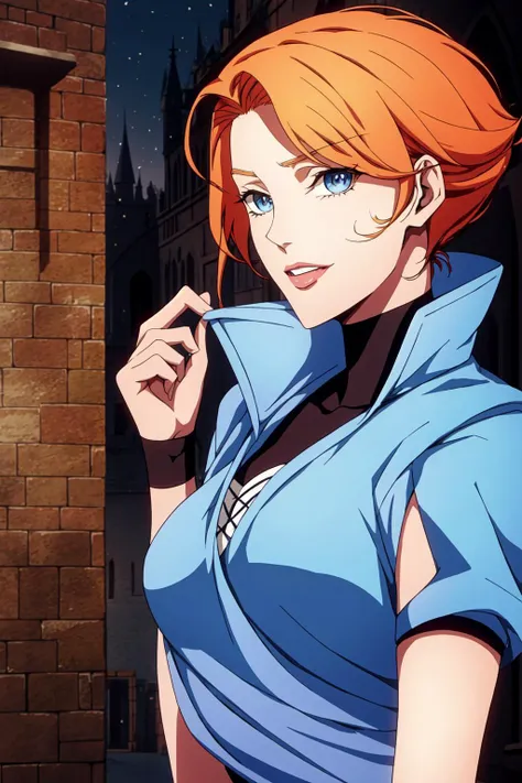 castlevania style, 1girl, solo, parody, blue eyes, short hair, orange hair, looking at viewer, upper body, (evening castle courtyard scene), <lora:CastlevaniaStyle:1>