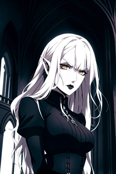 1girl, solo, arms, pointy ears, black lips, yellow eyes, long white wavy hair, black dress, gothic corset, tight-fitted, goth jewelry, looking at viewer, serious face, (evening castle courtyard scene), dramatic lighting, <lora:CastlevaniaStyle:0.75>