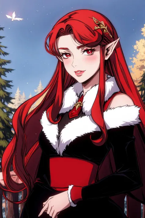 castlevania style, 1girl, solo, parody, upper body, looking at viewer, confident look, red eyes, long hair, ([red hair:0.3|brown hair:0.7]), blush, lips, fur trim, pointy ears, tree, sky, retro artstyle, fashionable clothes, black dress, bare shoulders, (detailed appendages:1.2), castle, sunny, trees, bushes, <lora:CastlevaniaStyle:1>