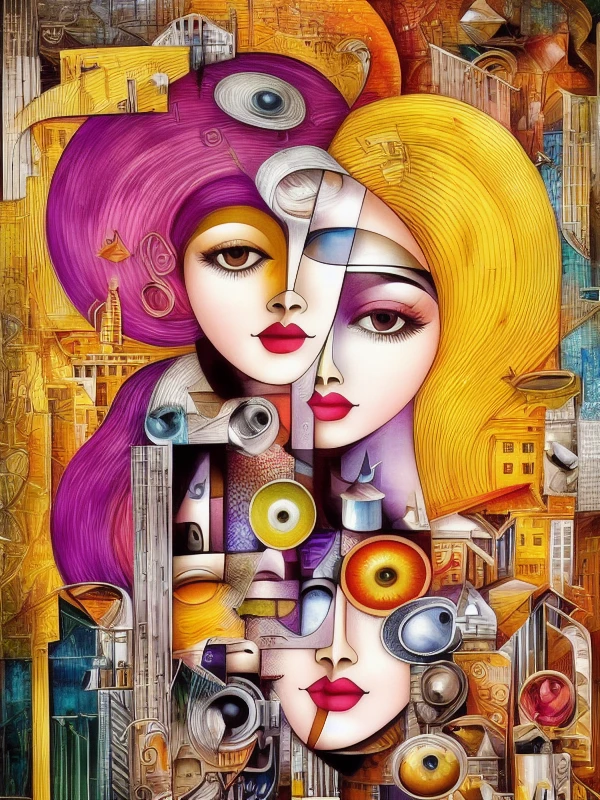 clayitization mixed media collage by Hannah H�ch, bright colors, oversaturated, cars traffic, smoke, industrial decay, fascination, mushrooms, trees growing, lust, nude, lavender, smiling, happy, excited, dadaist movement, large breasts, private collection, cinema4d, award winning painting, avant garde, excessive complexity, ornate lace, netting, paper shreds, torn cardboard, clippings, 8k, ((Fibonacci)), urban, retroscifi, ((perfect eyeliner)), experimental, on canvas, a woman and a man reach for each other in the distance, embrace, sexual, ambient occlusion render, camp, medusa, cyberpunk, 3d, ray tracing, three point lights, cinematic lighting, moonlight, hdrp, tall buildings, wind, stars, nebula, depth, low cut dress, elaborate, gaussian filter, intricate, noir, ornate, alluring, sexy, beautiful