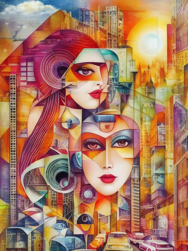 clayitization mixed media collage by Hannah H�ch, bright colors, oversaturated, cars traffic, smoke, industrial decay, fascination, mushrooms, trees growing, lust, nude, lavender, smiling, happy, excited, dadaist movement, large breasts, private collection, cinema4d, award winning painting, avant garde, excessive complexity, ornate lace, netting, paper shreds, torn cardboard, clippings, 8k, ((Fibonacci)), urban, retroscifi, ((perfect eyeliner)), experimental, on canvas, a woman and a man reach for each other in the distance, embrace, sexual, ambient occlusion render, camp, medusa, cyberpunk, 3d, ray tracing, three point lights, cinematic lighting, moonlight, hdrp, tall buildings, wind, stars, nebula, depth, low cut dress, elaborate, gaussian filter, intricate, noir, ornate, alluring, sexy, beautiful